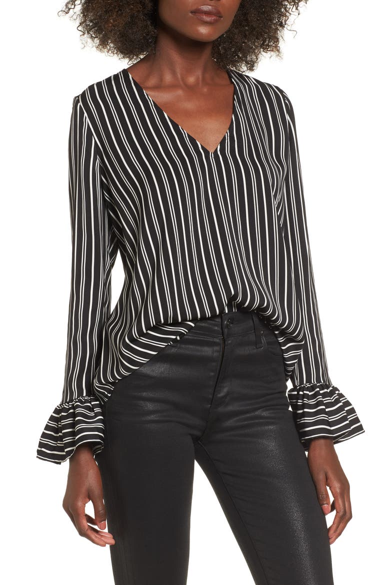 Ophelia Stripe Flare Cuff Top, Main, color, BLACK W/ IVORY