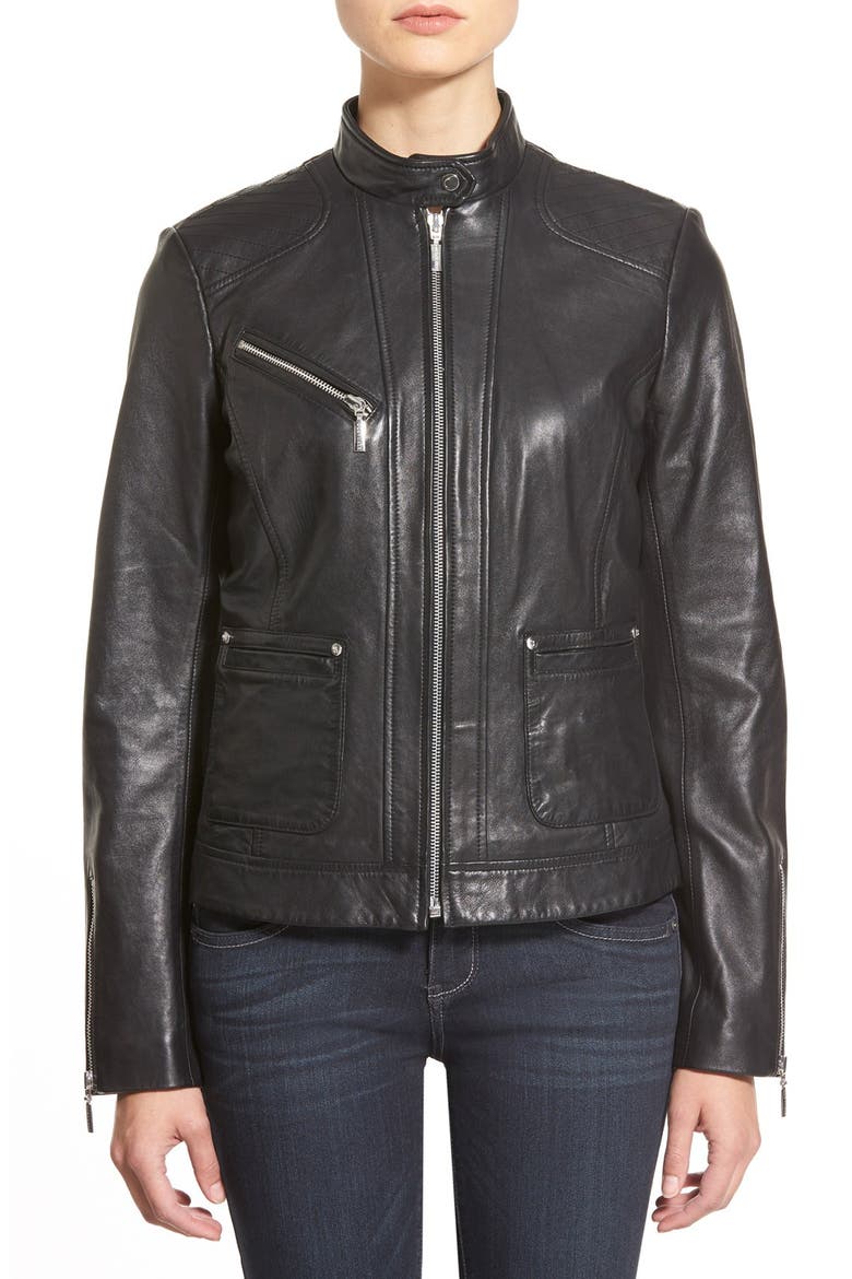 Zip Front Leather Jacket, Alternate, color, BLACK