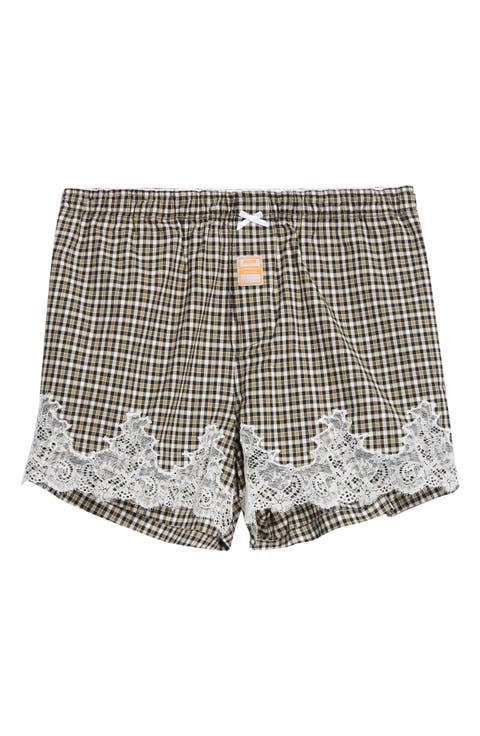 Lace Trim Check Stretch Cotton Boxer Shorts