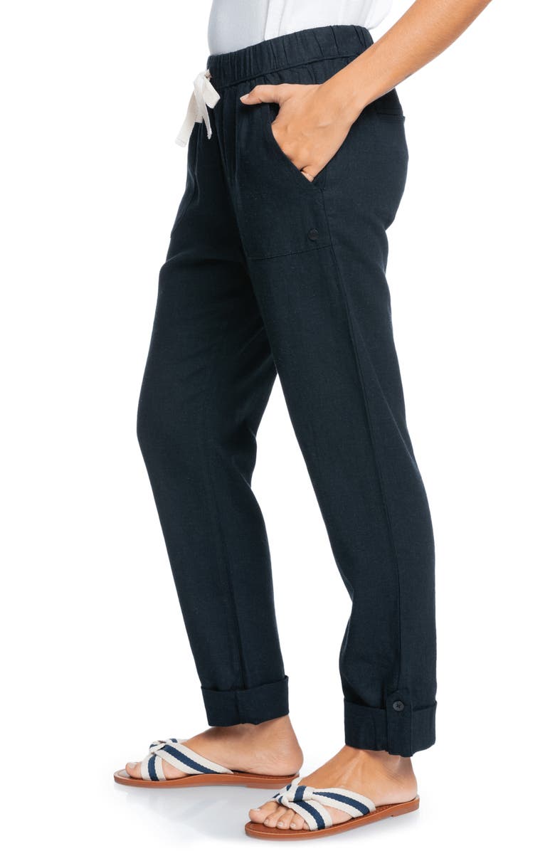 Roxy On the Seashore Tie Waist Linen Blend Pants, Alternate, color, Anthracite Solid