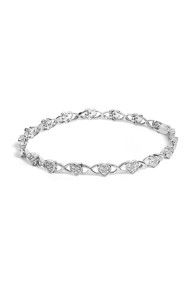 Silver Diamond Accent Heart Link Bracelet - 7.25", Main, color, White