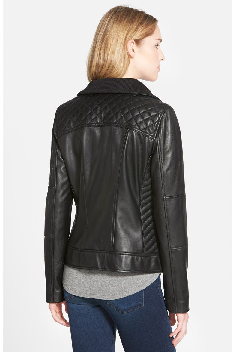 Knit Collar Lambskin Leather Bomber Jacket, Alternate, color, BLACK