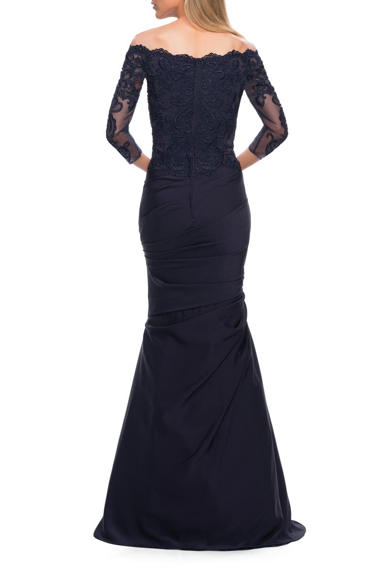 Satin Mermaid Gown with Off the Shoulder Lace Bodice, Alternate, color, Navy