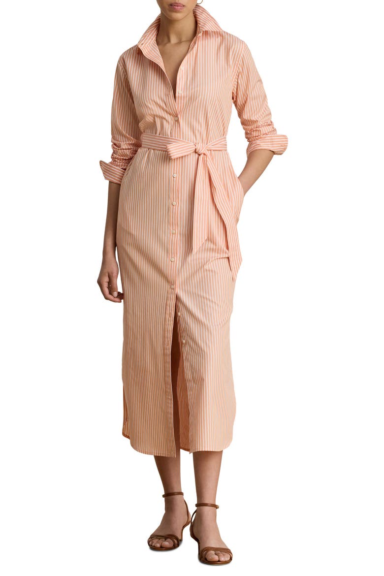 Stripe Long Sleeve Midi Shirtdress, Main, color, ORANGE/ WHITE