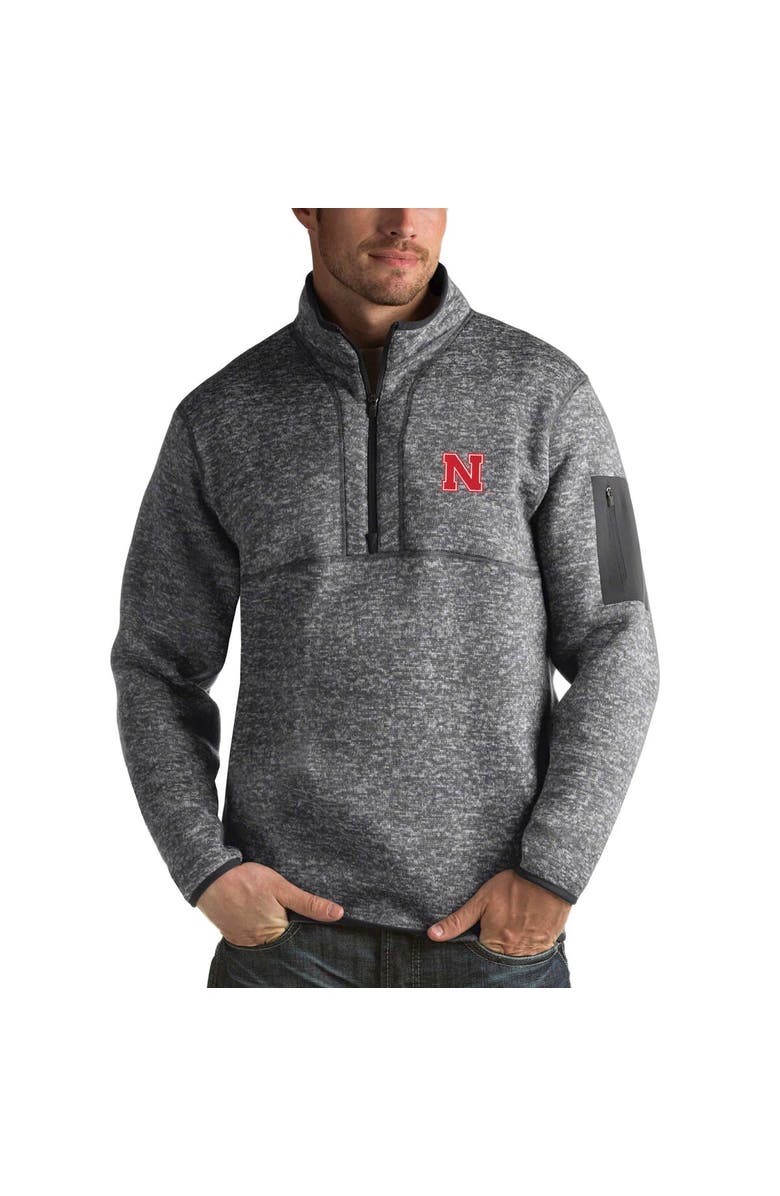 ANTIGUA Men's Antigua Charcoal Nebraska Huskers Fortune Half-Zip Sweatshirt, Main, color,