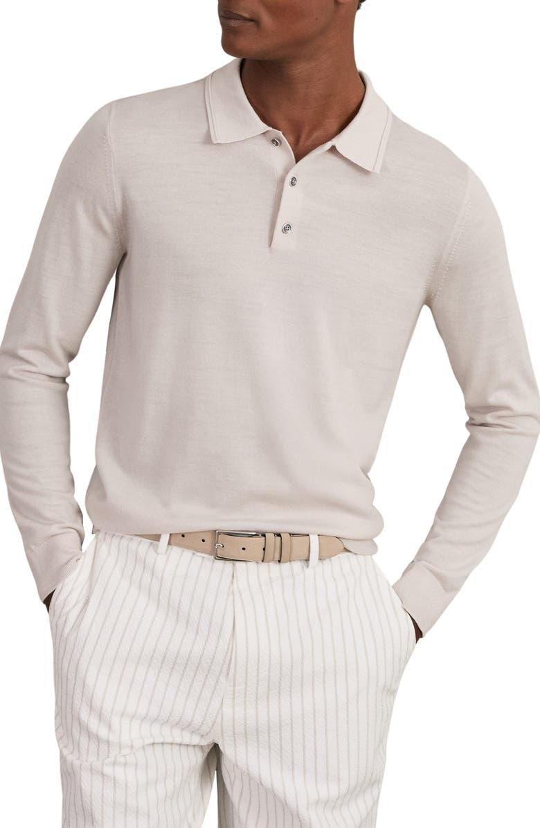 Reiss Trafford Long Sleeve Merino Wool Polo Sweater, Main, color, Beige