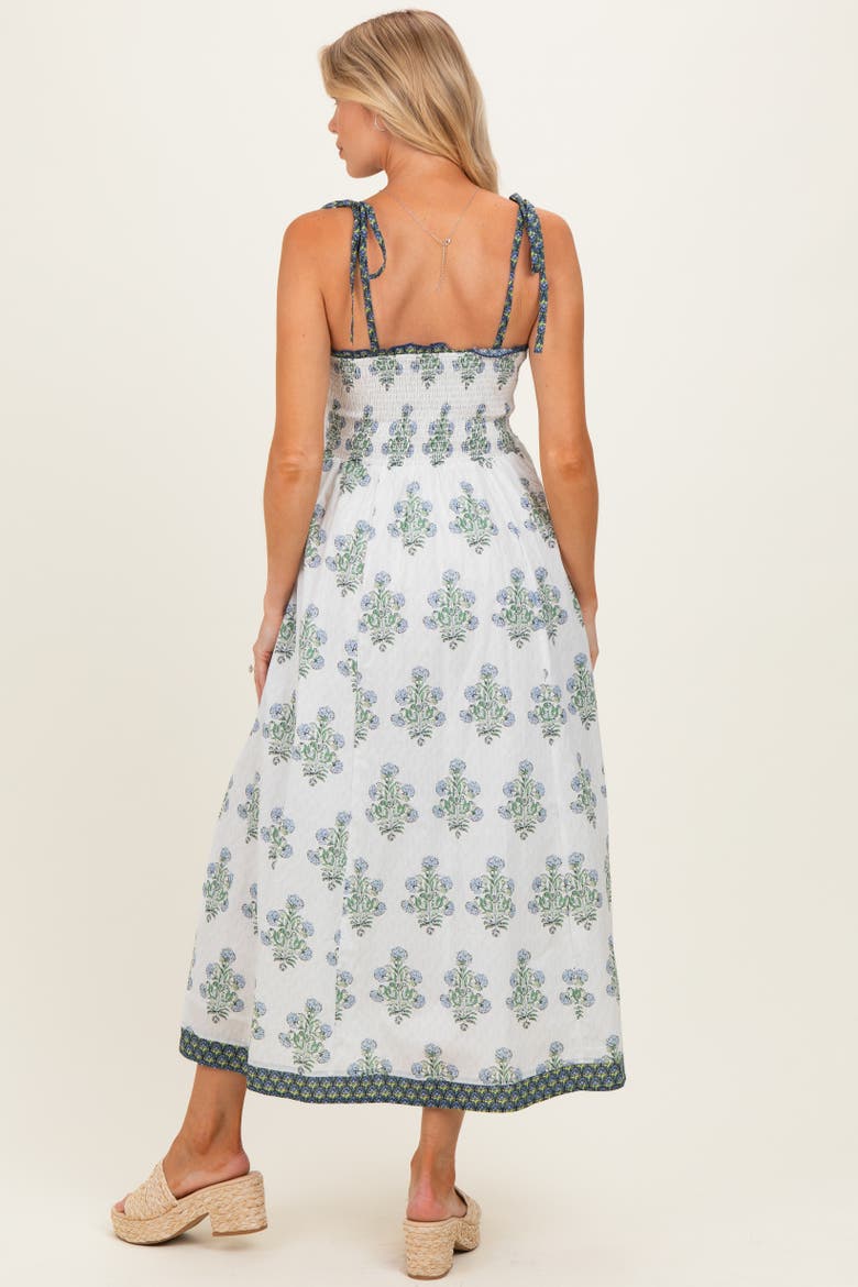 White Floral Smocked Shoulder Tie Maxi Dress, Alternate, color, White