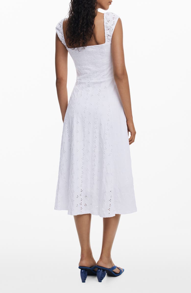 Desigual Sleeveless Embroidered Eyelet Cotton Midi Dress, Alternate, color, White