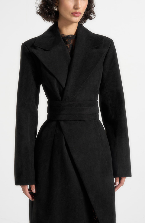 Esma Suede Asymmetric Coat with Cinch Belt