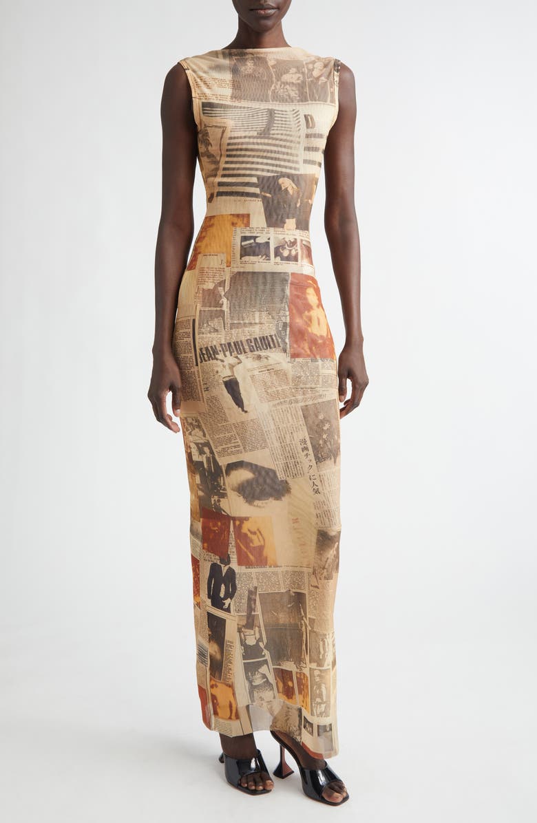 Jean Paul Gaultier Newspaper Print Open Back Mesh Body-Con Dress, Main, color, Ecru/ Light Grey/ Red