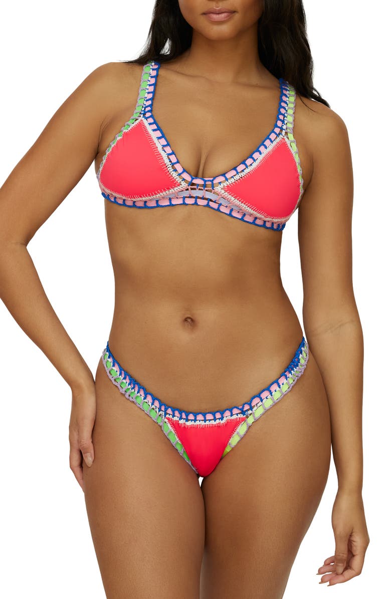 PQ SWIM Colorful Whipstitch Trim Triangle Bikini Top, Alternate, color, Red