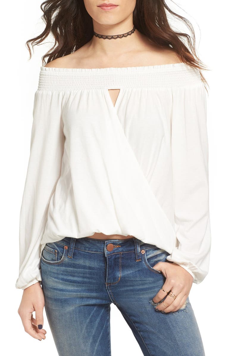 Chloe & Katie Off the Shoulder Surplice Knit Tee, Main, color,