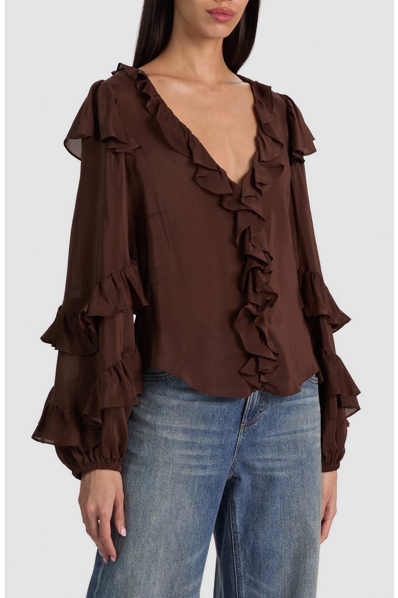 Rylee Ruffle Silk Blend Top, Alternate, color, DARK CHOCOLATE