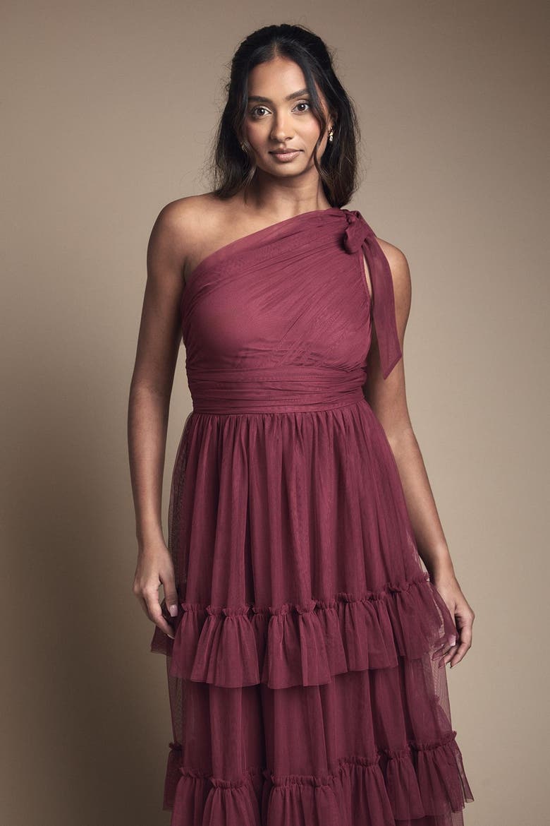 Pleated One Shoulder Tiered Maxi Dress, Alternate, color, Berry