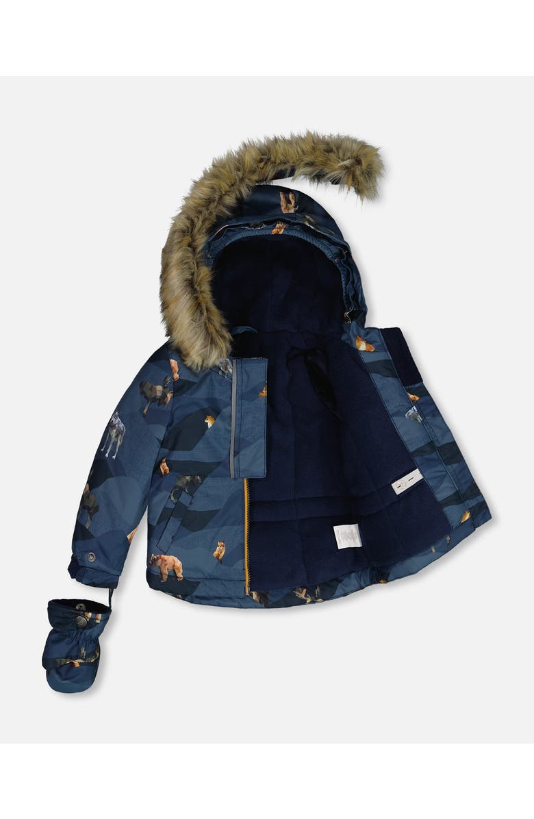 Deux par Deux Baby Boy's Two Piece Baby Snowsuit Ochre And Navy Printed Mountains Animals, Alternate, color, 
