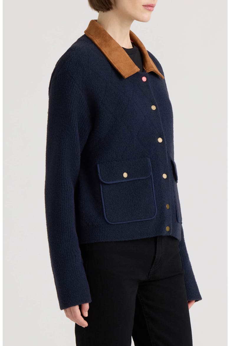Quilted Stitch Sweater Jacket with Faux Suede Collar, Alternate, color, DARK NAVY