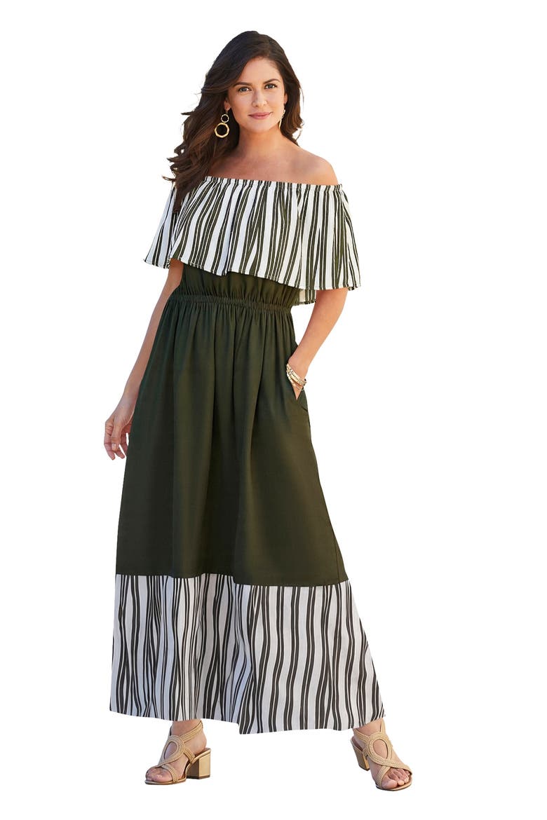 Off-The-Shoulder Maxi Dress, Main, color, OLIVE GREEN STRIPE