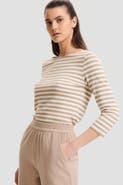 Majestic Filatures Stretch Linen Stripe Three Quarter Sleeve Boatneck T-Shirt
