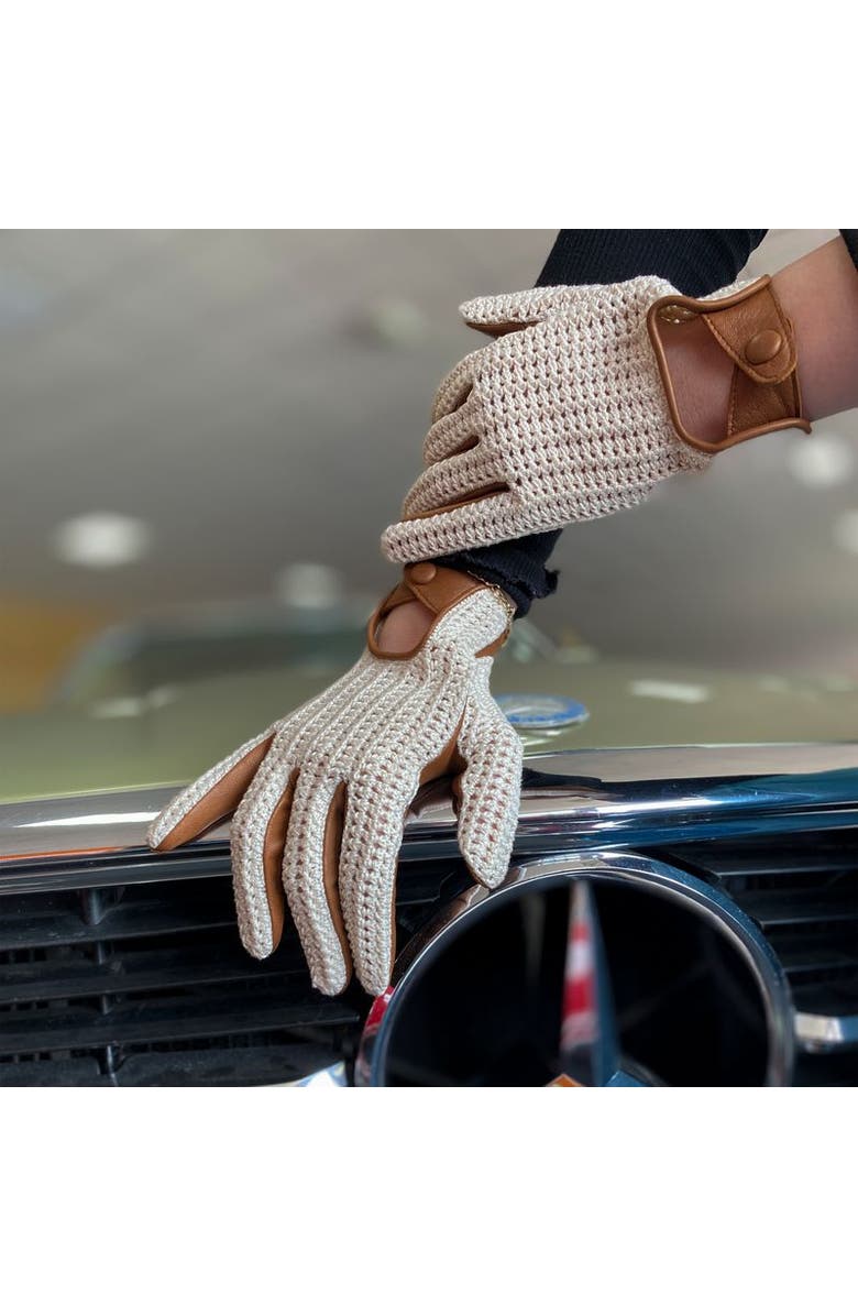 Agnelle Steve Lambskin and Ecru Cotton Crochet Driving Glove, Alternate, color, Toscana