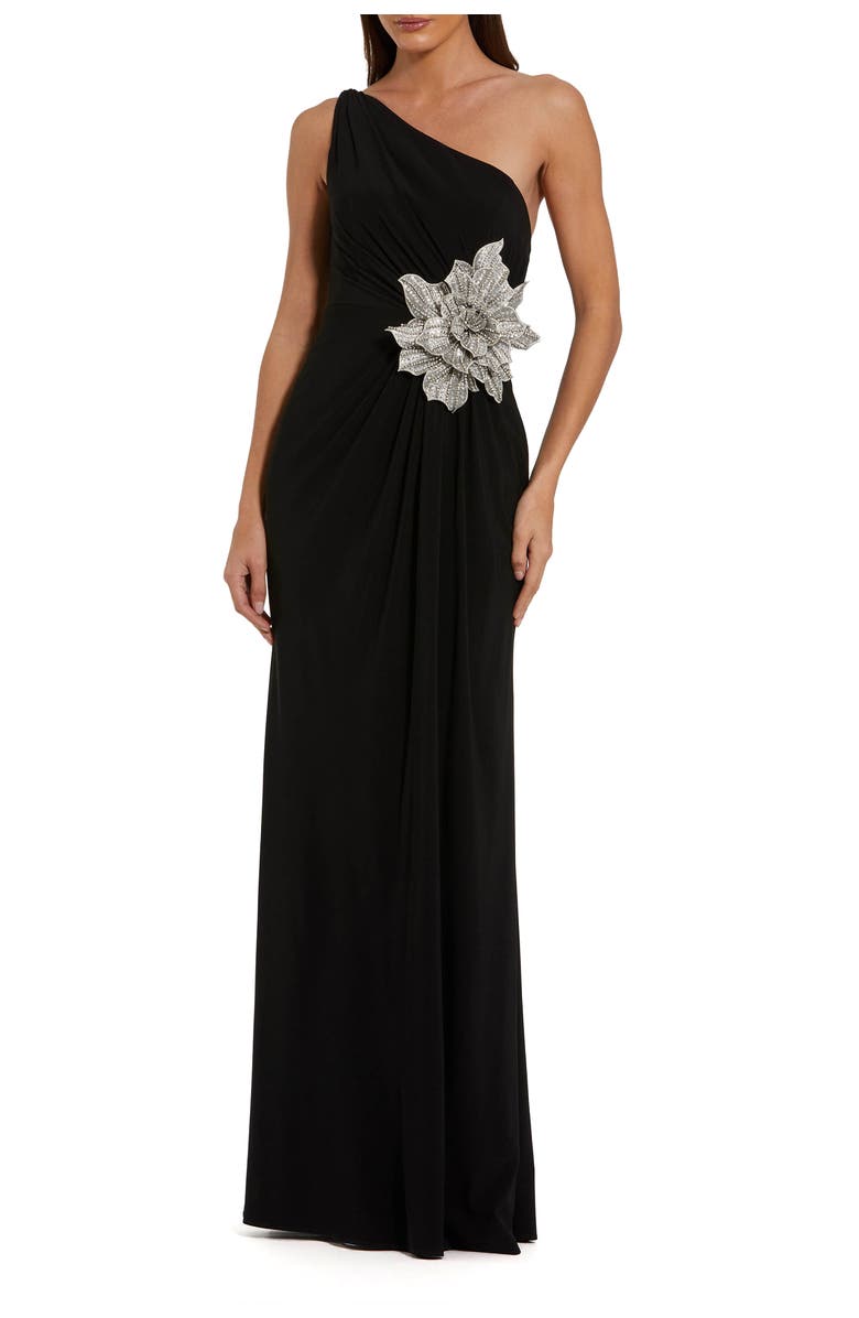 Mac Duggal Jersey One Shoulder Gown With Rhinestone Flower, Main, color, Black