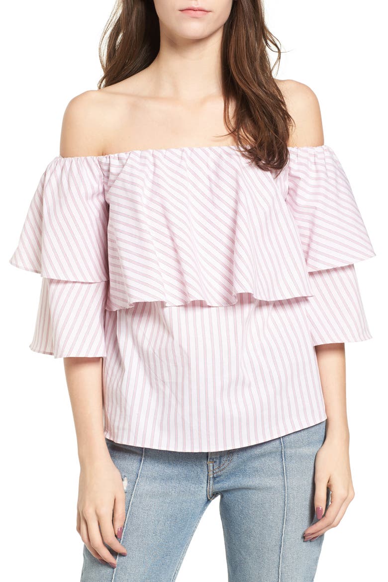 Gracie Off the Shoulder Top, Main, color, BLACK/ CORAL STRIPE