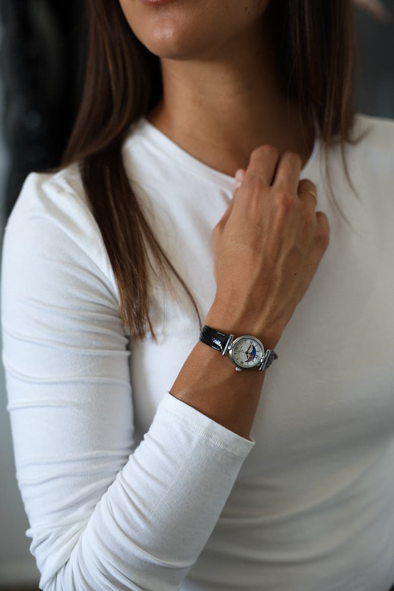 Petite Sun Moon Glossy Leather Watch- 25MM, Alternate, color, Silver
