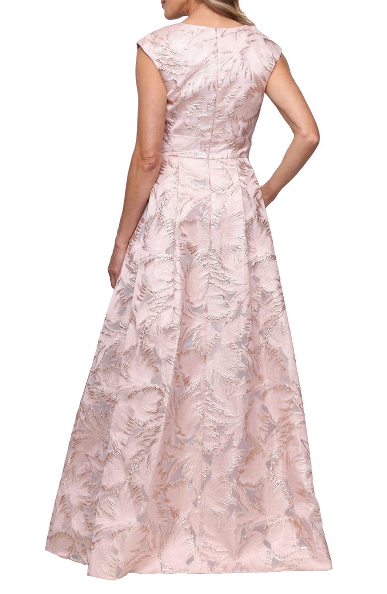 Alex Evenings Metallic Leaf Jacquared Empire Waist Gown, Alternate, color, Rose Gold