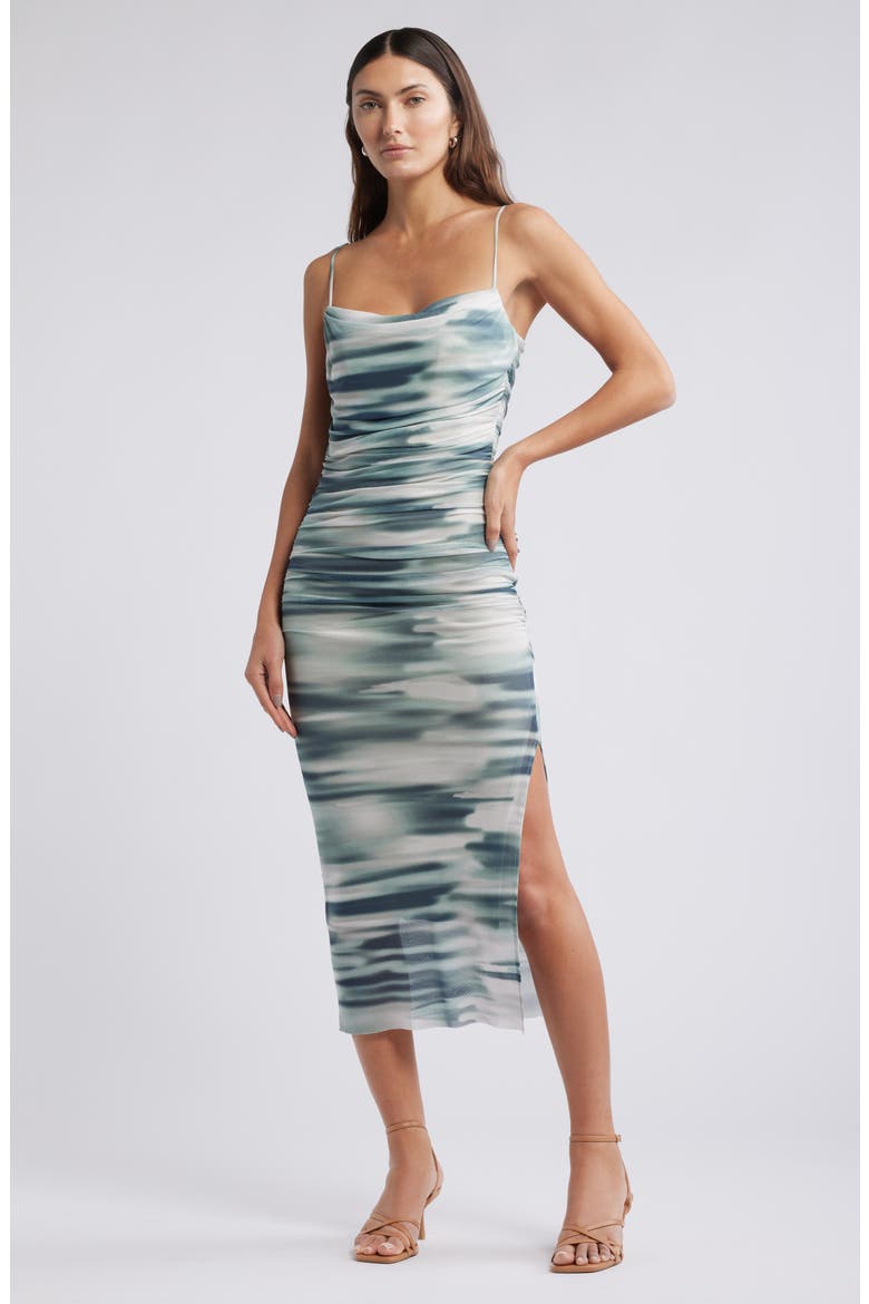 Shirred Mesh Midi Dress, Main, color, GREY BLUE- TEAL SOFT MOVEMENT
