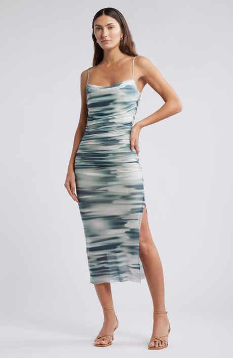 Open Edit Shirred Mesh Midi Dress