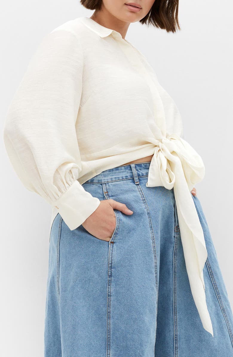 City Chic Winnie Tie Front Satin Shirt, Alternate, color, Cream