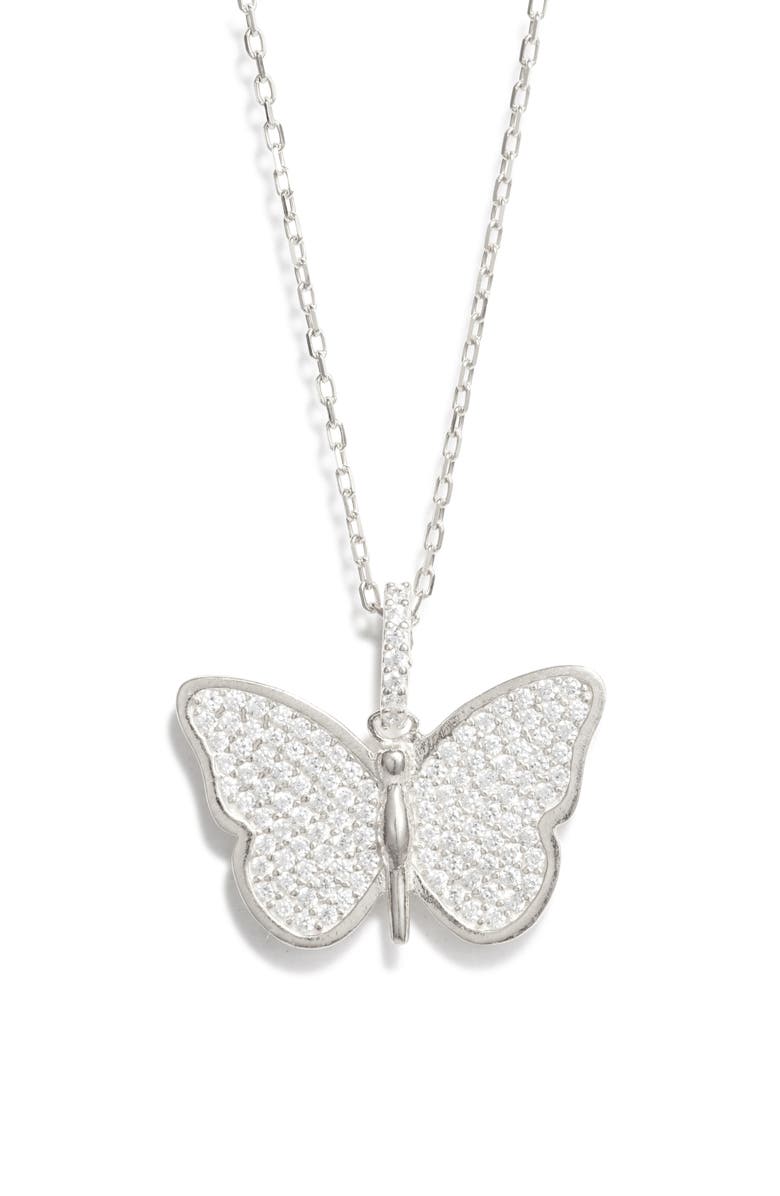 SHYMI Pavé Butterfly Pendant Necklace, Main, color, Silver/ White