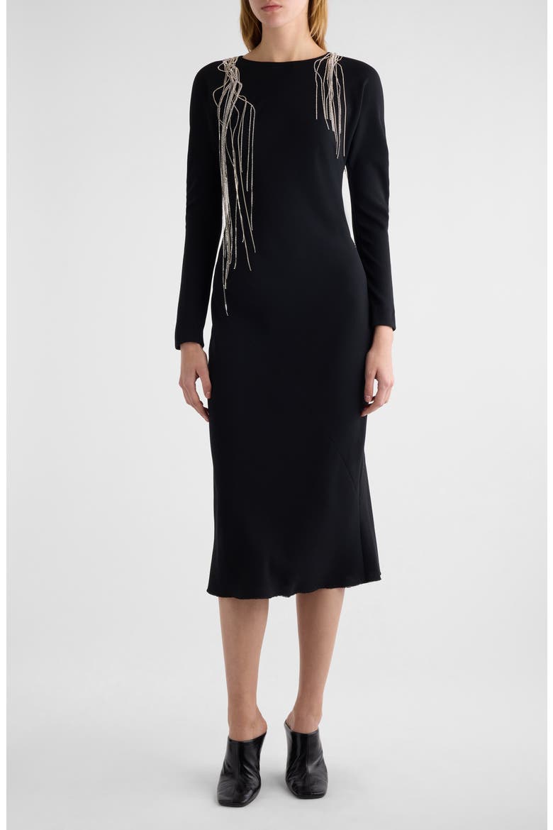 Davion Crystal Chain Raw Hem Long Sleeve Midi Dress, Main, color, BLACK