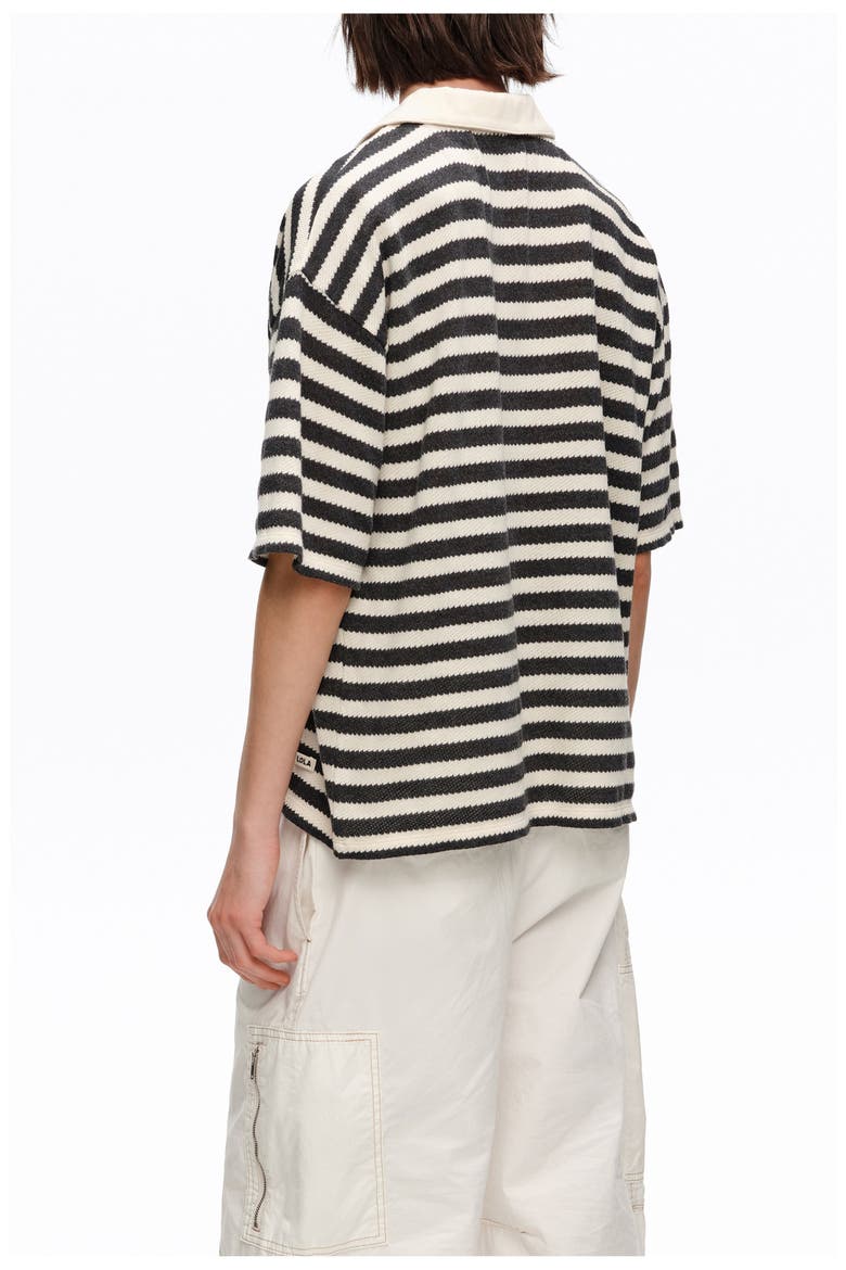 Striped T-Shirt With Adjustable Polo Shirt Collar, Alternate, color, BLACK