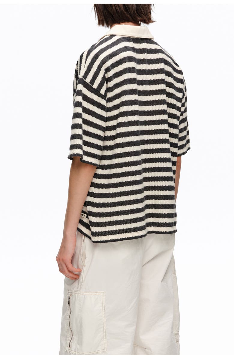 Bimba y Lola Striped T-Shirt With Adjustable Polo Shirt Collar, Alternate, color, Black