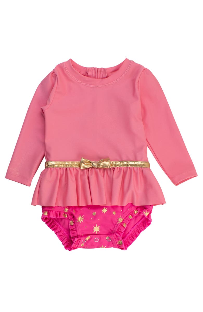 RuffleButts Baby Girls UPF50+ Princess Long Sleeve Bow Skirted One Piece Swimsuit, Main, color, Royal Pink Princess
