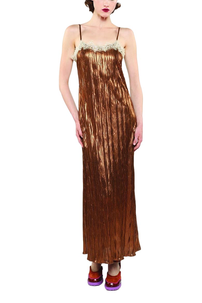 Fortuny Pleats Lace Slip Maxi Dress, Main, color, Bronze