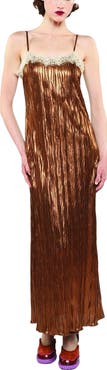 Anna Sui Fortuny Pleats Lace Slip Maxi Dress