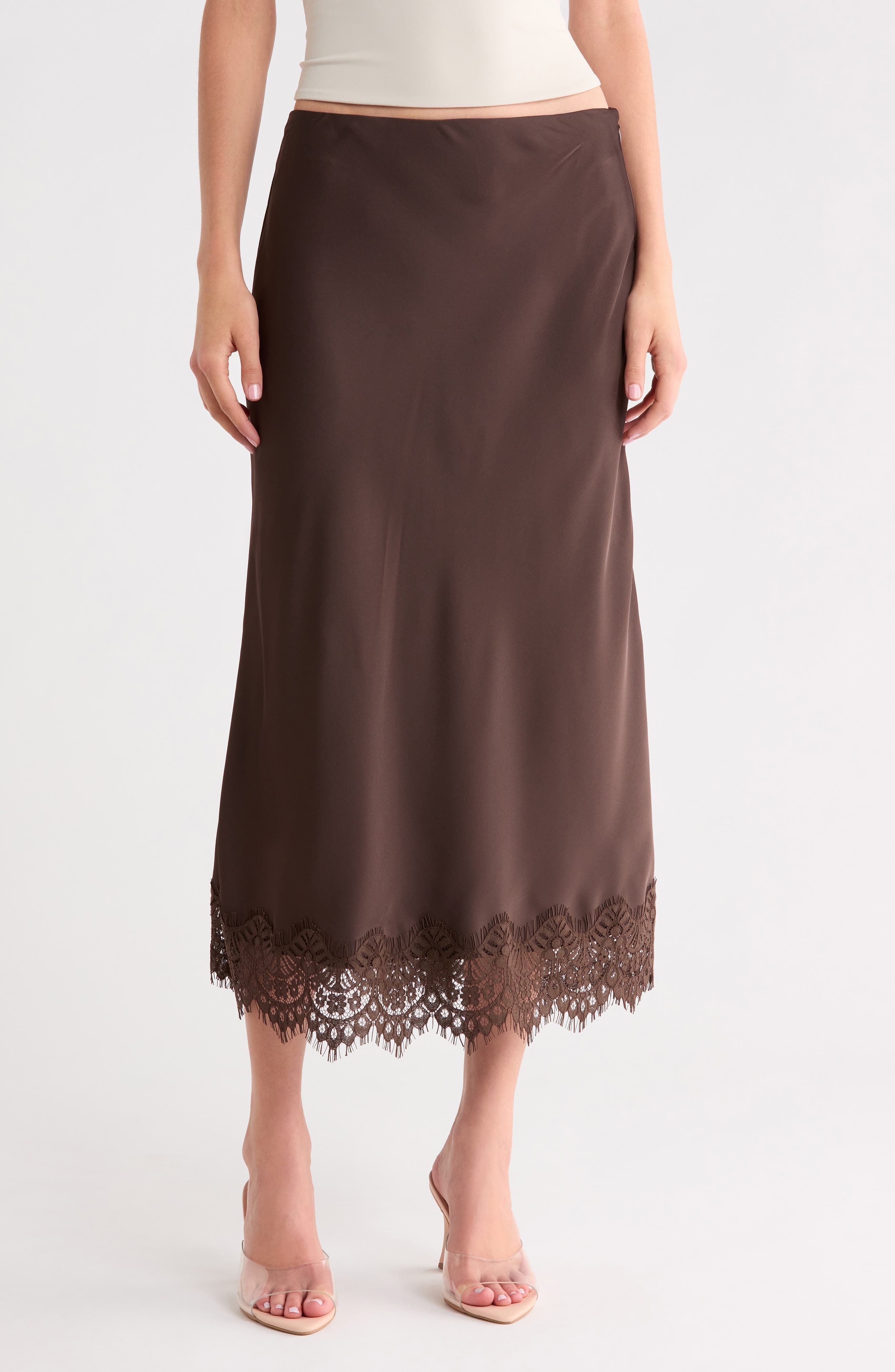 Lace Trimmed Satin Midi Skirt