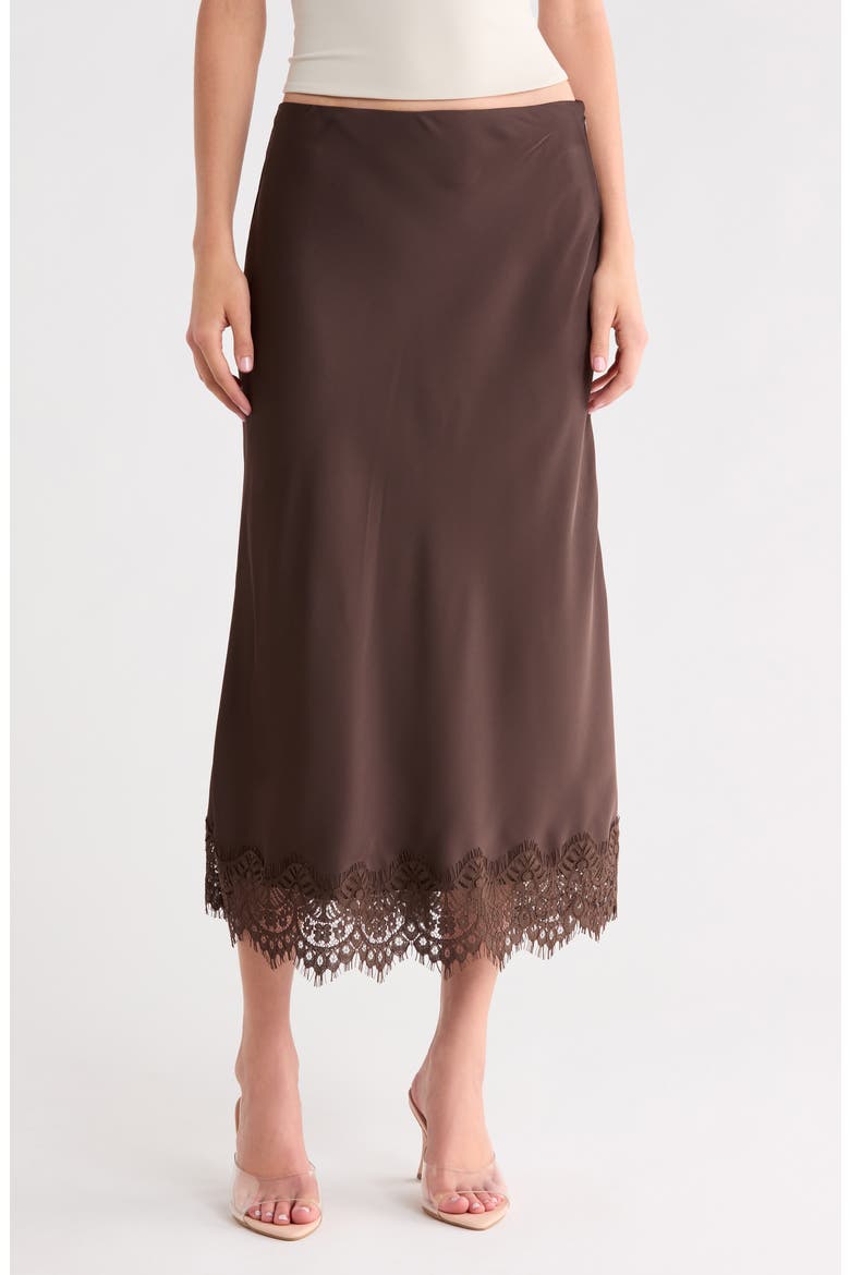 Lace Trimmed Satin Midi Skirt, Main, color, CALL ME CHOCOLATE