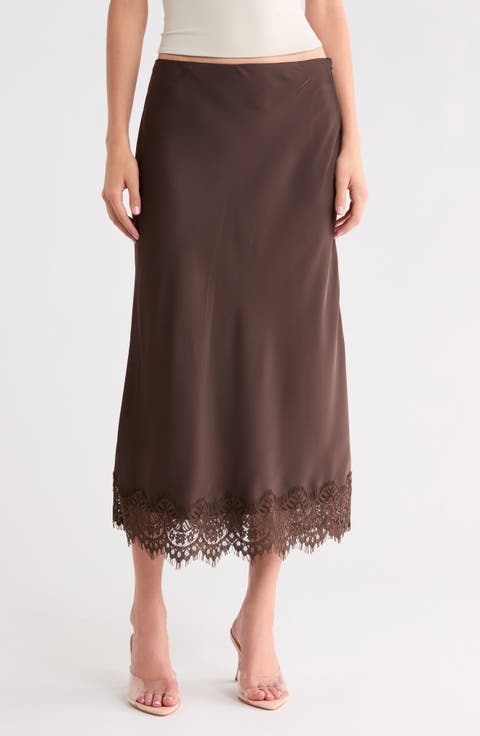 Lace Trimmed Satin Midi Skirt