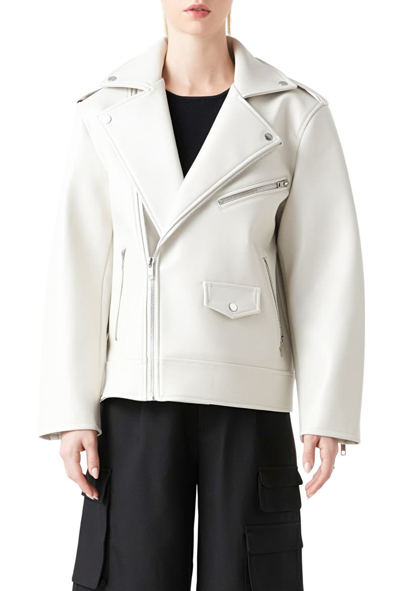 Padded Shoulder Faux Leather Biker Jacket, Main, color, BEIGE