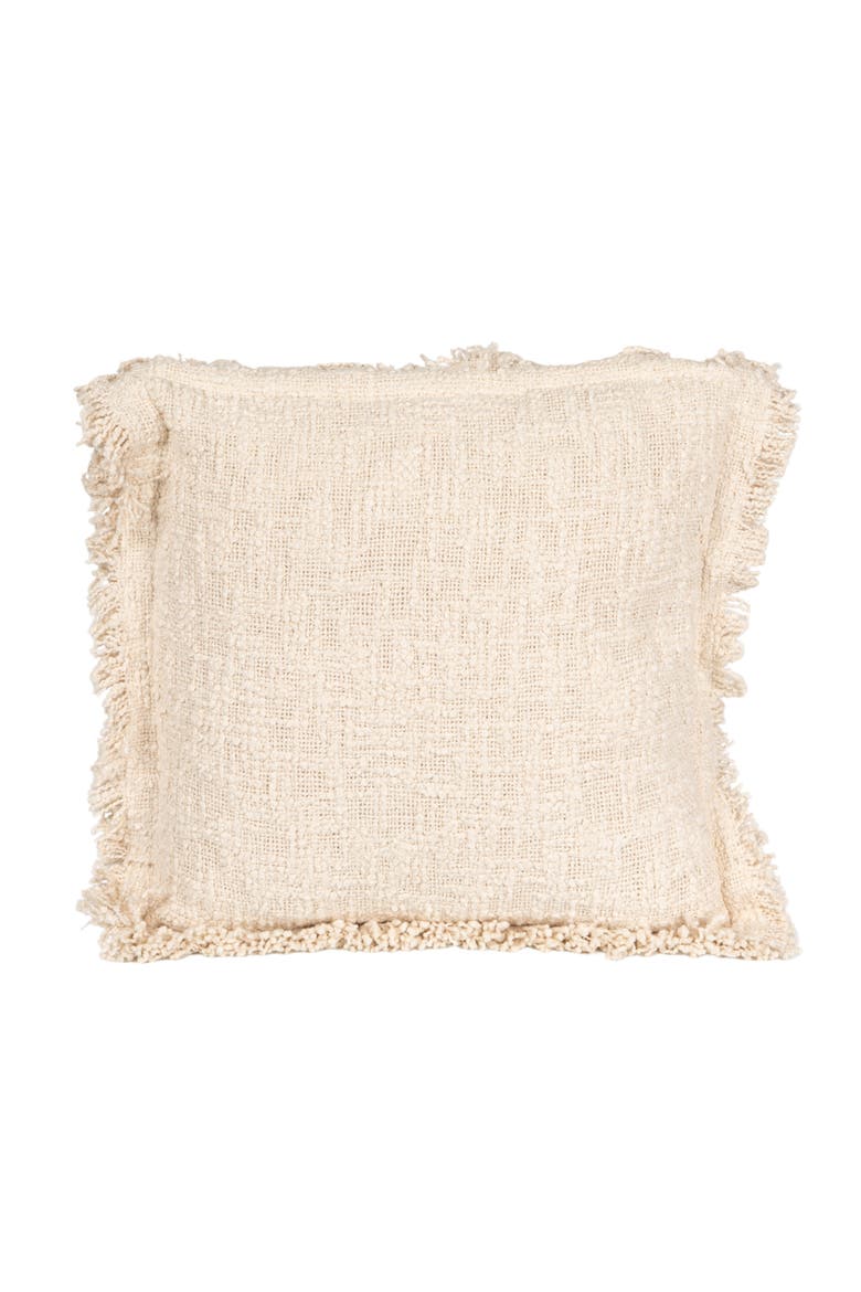 Woven Cotton Pillow with Fringe and Flanged Edge, Natural, Main, color, Natural