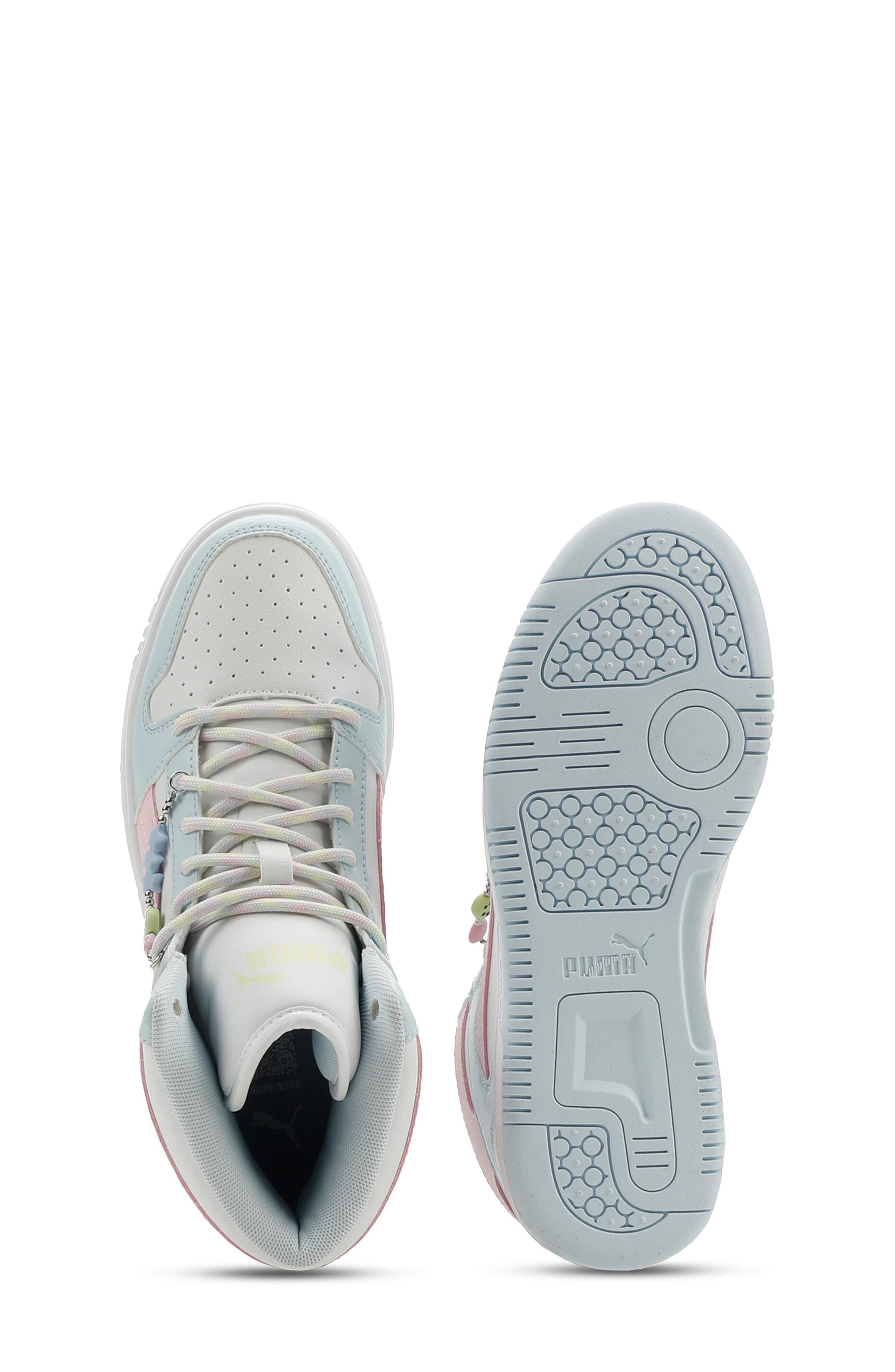 Kids' Rebound Layup High Top Sneaker with Playful Charm Accent, Alternate, color, PUMA WHITE/ PEARL PINK/ APPLE