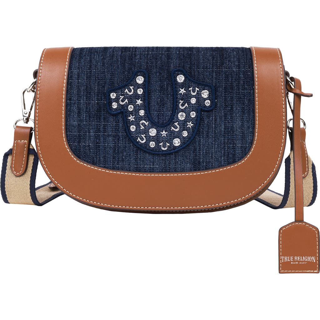 True Religion Studded Logo Denim Flap Bag In Blue