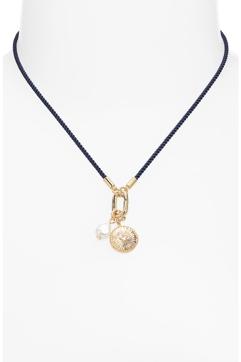 Faux Pearl Charm Cord Necklace, Alternate, color, NAVY- WHITE- GOLD