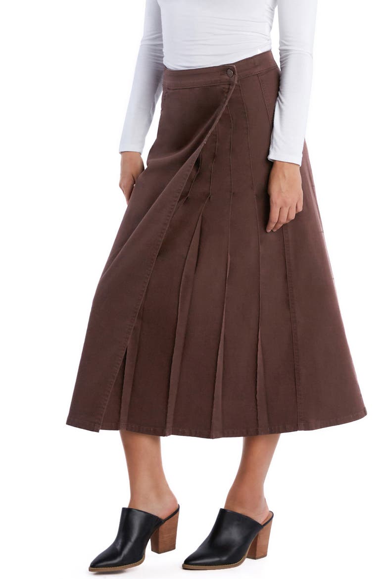 Delphine Side Pleat Denim Maxi Skirt, Alternate, color, RICH BROWN