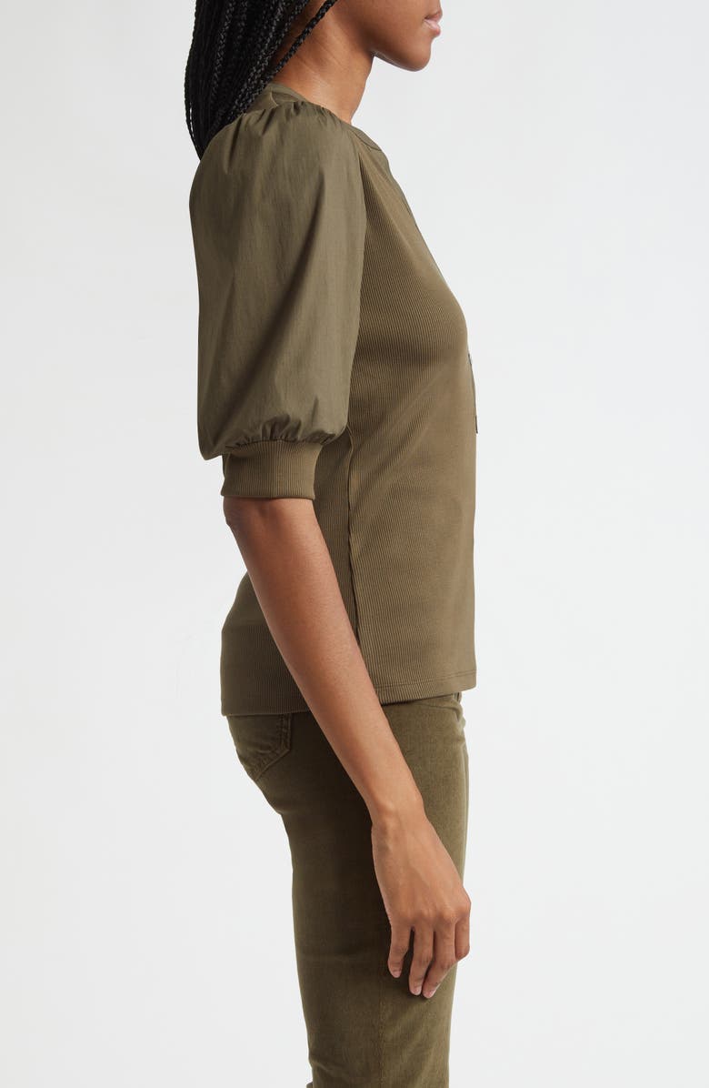 Veronica Beard Coralee Puff Sleeve Mixed Media Henley Top, Alternate, color, Cypress