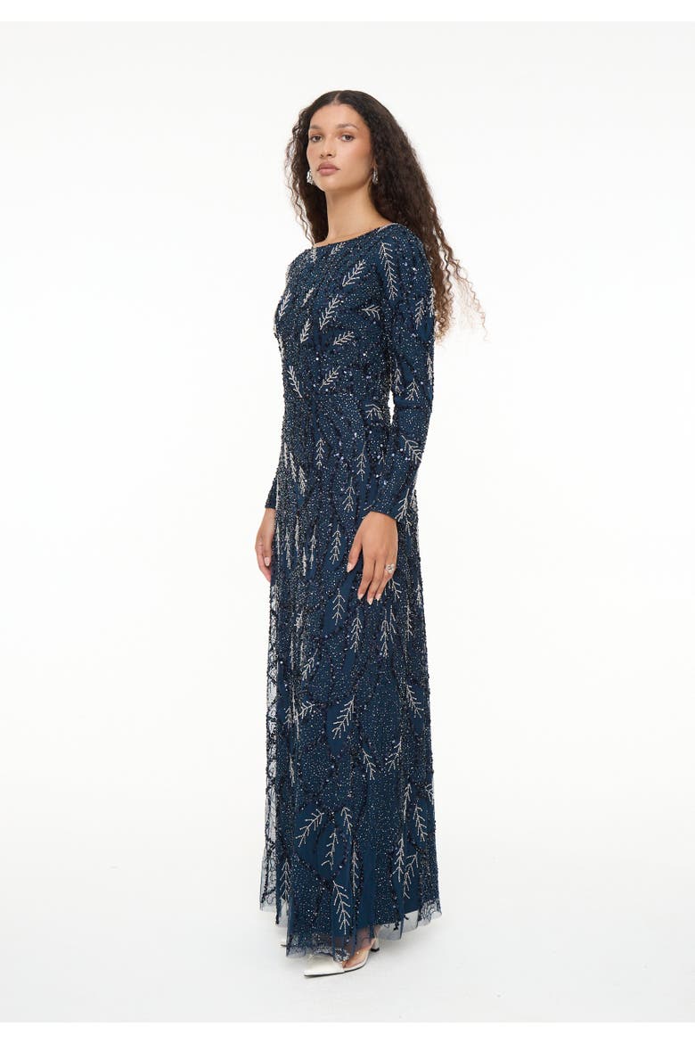 Modest Embellished Sequin Beaded Dress Maxi With Detailed Work, Alternate, color, NAVY