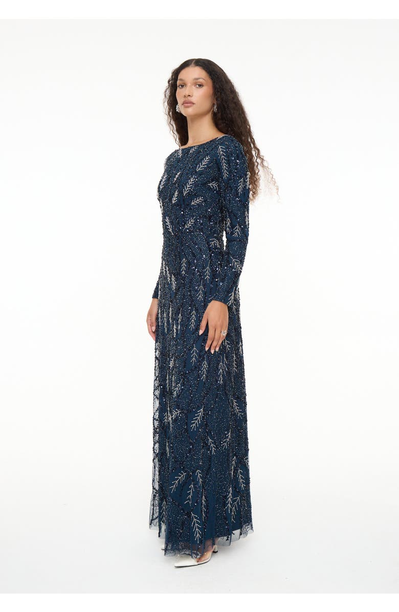 MARYISA Modest Embellished Sequin Beaded Dress Maxi With Detailed Work, Alternate, color, Navy