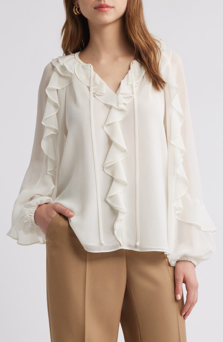 KOBI HALPERIN Ruffle Split Neck Chiffon Top, Alternate, color, Ivory